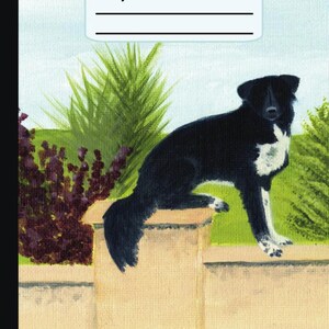 May include: Composition notebook featuring a painting of a black and white dog perched on a wall. The dog is set against a backdrop of green foliage and a light blue sky. The notebook cover has the words "Composition Notebook" at the top.