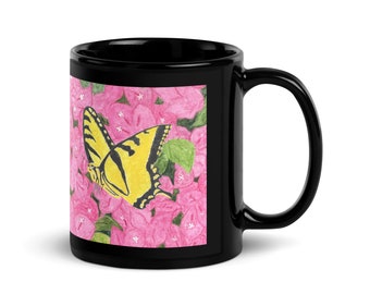 Western Tiger Swallowtail Coffee Mug, Bougainvillea Black Glossy Mug, Coffee Lover Mug, Yellow Butterfly Graphic Mug, Swallowtail Gift