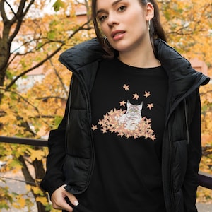 Bobcat in Fall Leaves Unisex Long Sleeve Tee - black, maroon, forest, royal, navy, deep teal, military green, storm gray, white