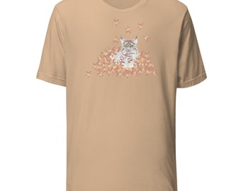 Bobcat in Fall Leaves Unisex t-shirt - a fun addition to your autumn wardrobe - tan, lilac, mint, peach, pink, gray, blue