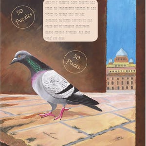 May include: A book cover with the title "Travel Cryptograms" and the words "Large Print." The cover features a pigeon, a building illustration, and text that reads "50 Puzzles," "50 Places," "Hints & Clues," and "Illustrations."