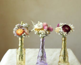 Dried Wildflower Bouquet in Antique Style Bottles, Boho Wedding & Home Decor Florals