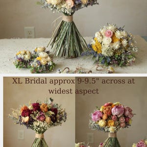 Extra Large Dried flower bridal bouquet. Price range $165-$200. Sustainably grown wildflower wedding decor. Color options available in a wide range of pastel and jewel tones, spring, summer, autumn and winter color palettes available. Fully customized. Contact shop to set up a custom order.
