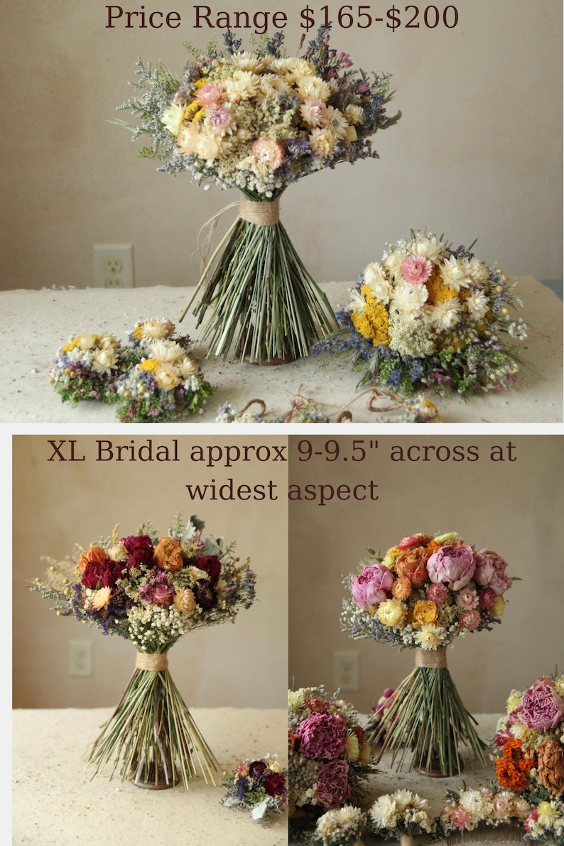 Extra Large Dried flower bridal bouquet. Price range $165-$200. Sustainably grown wildflower wedding decor. Color options available in a wide range of pastel and jewel tones, spring, summer, autumn and winter color palettes available. Fully customized. Contact shop to set up a custom order.