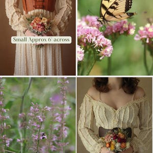 This photo is a visual guide showing a small and medium bouquet being held, in the top right and bottom left photos, framed by two decorative photos of our gardens and butterflies in the top left and bottom right photos. Botanical wedding and home decor grown on our ecological flower farm.