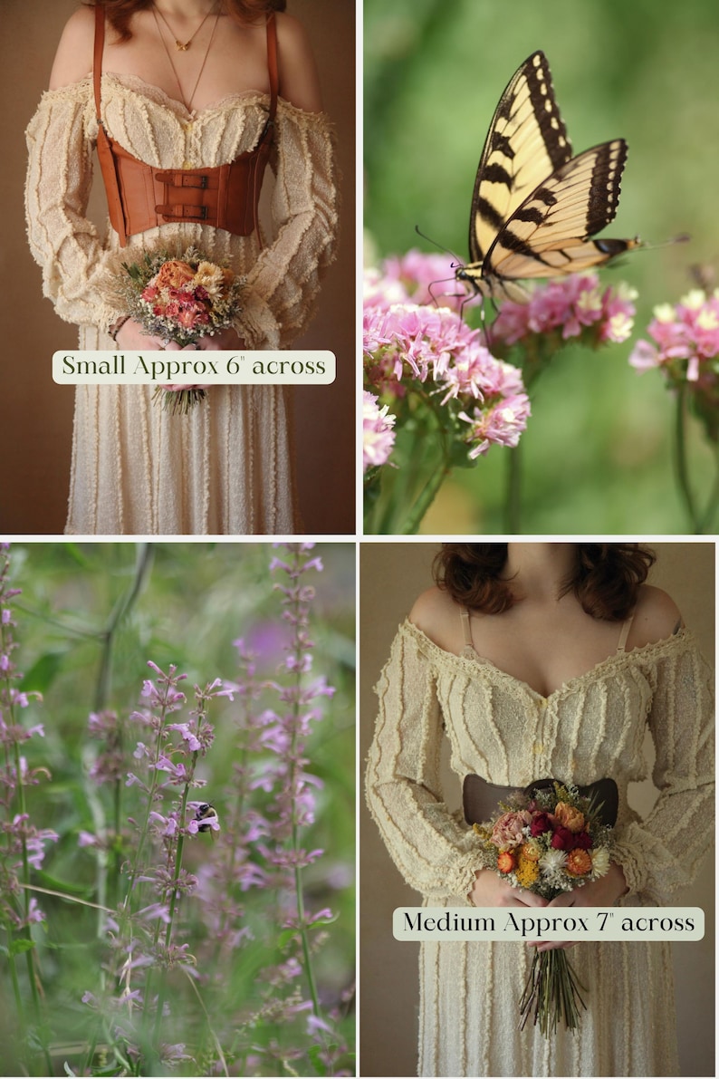 This photo is a visual guide showing a small and medium bouquet being held, in the top right and bottom left photos, framed by two decorative photos of our gardens and butterflies in the top left and bottom right photos. Botanical wedding and home decor grown on our ecological flower farm.