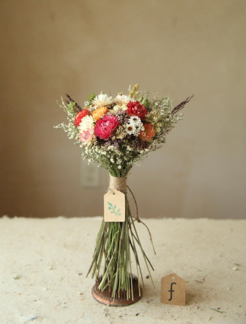 This is variation F of the listing in a size Petite Full with a mix of pastel pink, orange, red and white strawflowers, daisies, and  mixed wildflowers and grasses. Perfect for a vase, bridesmaid proposal, flower girl.  mother's day, wedding table and home decor.