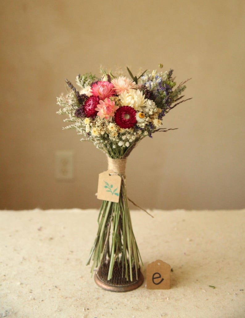 This is variation E of the listing in a size Small, it contains a  pink, white orange and deep pink strawflowers and ammobium daisies and wildflowers and wild grasses. Flower girl, Mother's Day, Bridesmaid Proposal and floral gift.