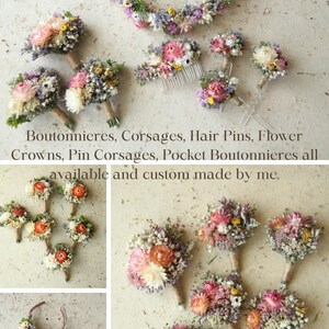 Customized flower crowns, combs, hairpins, boutonnieres, pocket boutonnieres, chest and wrist corsages. Dried Wildflower wedding party florals.
