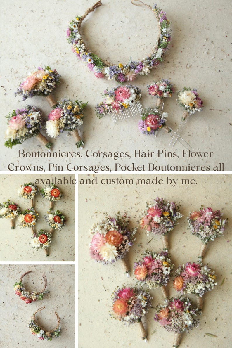 Customized flower crowns, combs, hairpins, boutonnieres, pocket boutonnieres, chest and wrist corsages. Dried Wildflower wedding party florals.