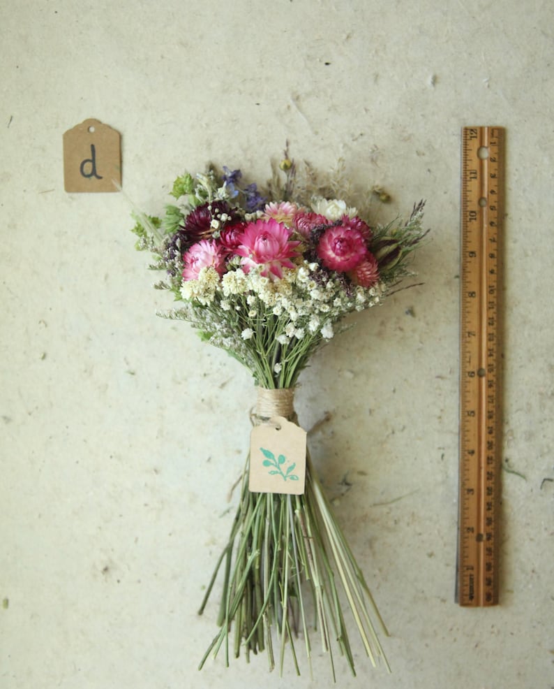 This photo features variation D entitled "Yarrow Mix". This bouquet features burgundy, pink and creamy white strawflowers, daisies, eucalyptus and wildflowers and wild grasses. Bridesmaid and wedding decor, wildflowers for a vase and birthday, bridesmaid proposal, flower girl bouquets.