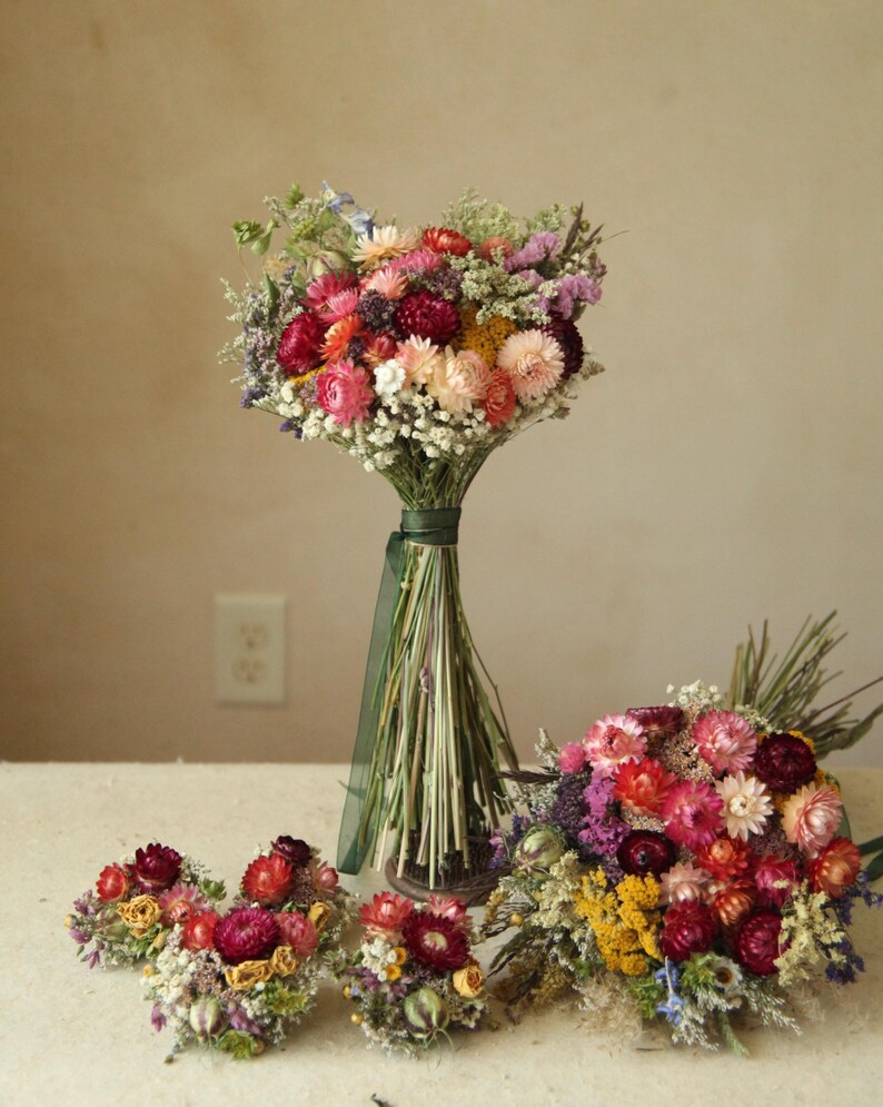 Custom Medium Bridesmaid bouquets, sunset hues, fall wedding decor.