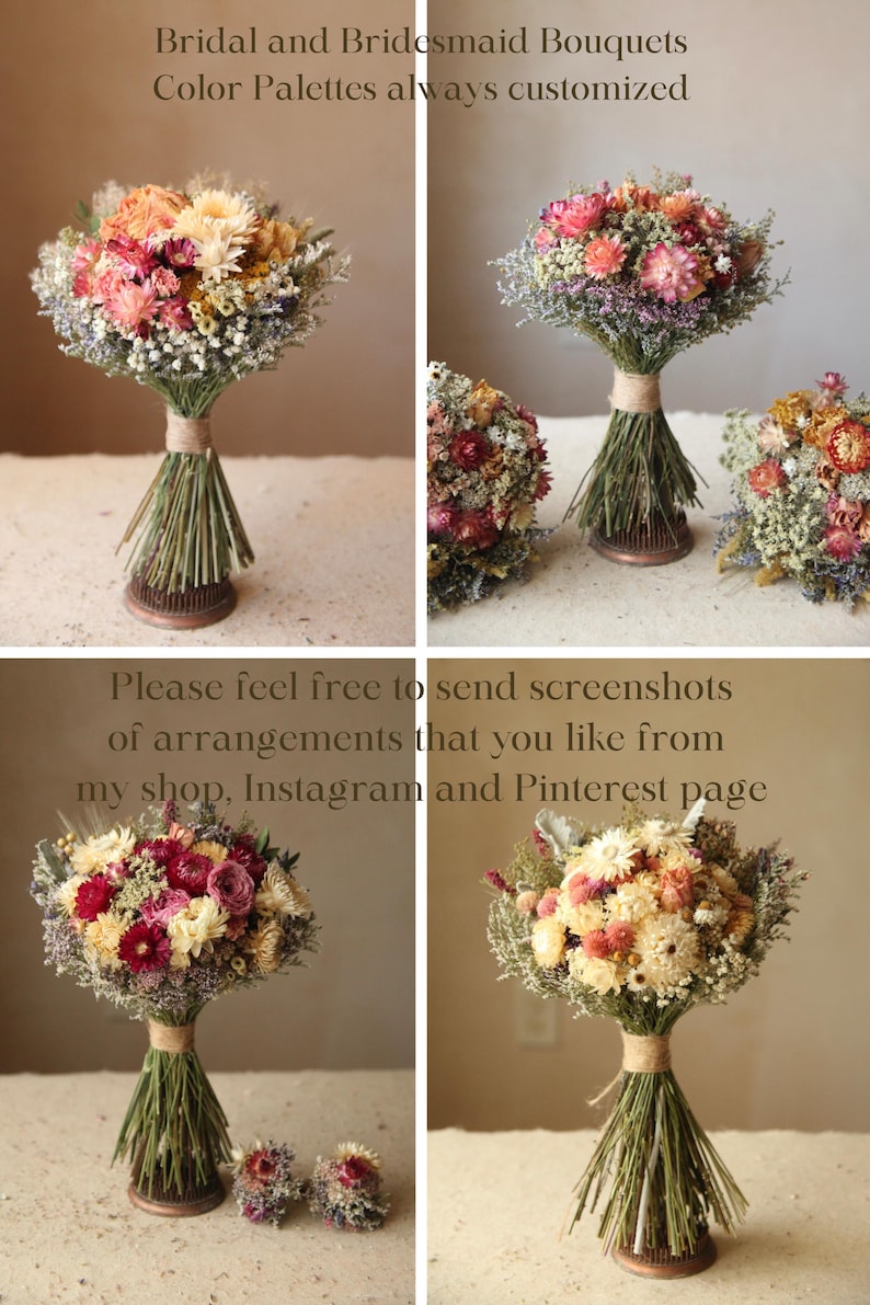 Customized bridal and bridesmaid bouquets. This photo explains how the shop offers a variety of color palettes, from pastel through jewel tones. Seasonally inspired spring, summer, autumn and winter bridal, bridesmaid, groom's boutonniere, groomsmen boutonnieres, corsages, flower crowns, combs and hairpins and wildflower wedding table decor.