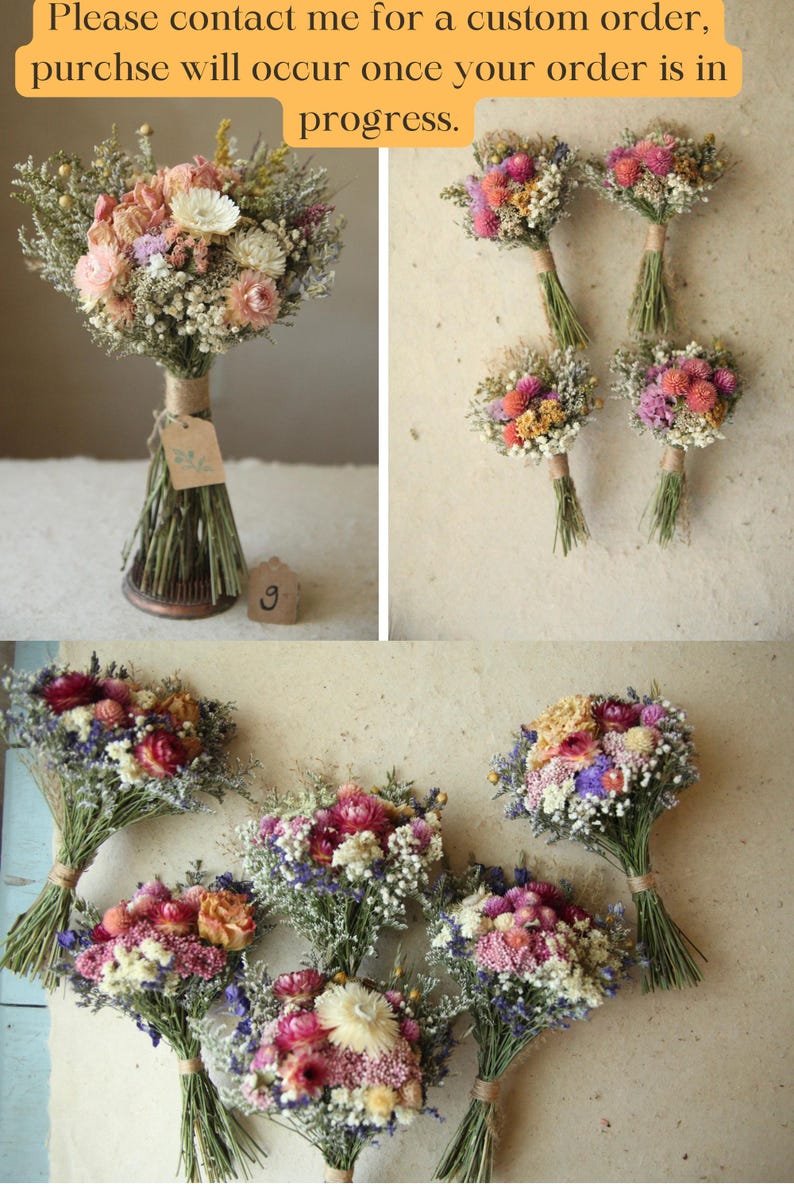 Medley of Wildflower Bouquets. Contact the shop owner full detailed information. Dried Flower Bridal, Bridesmaid bouquets, table arrangements, boutonnieres, pocket squares, corsages, crowns and pins. Organically and sustainably grown on our Appalachian flower farm.