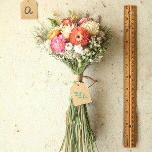 This is variation A of the listing in a size Petite with a mix of pastel pink, orange and white strawflowers, mixed wildflowers and grasses. Perfect for a vase, bridesmaid proposal, flower girl.  mother's day, wedding table and home decor.