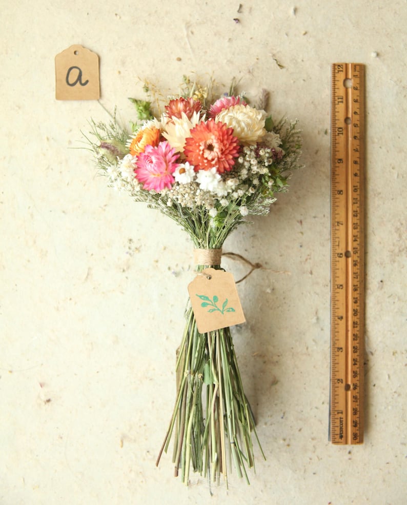 This is variation A of the listing in a size Petite with a mix of pastel pink, orange and white strawflowers, mixed wildflowers and grasses. Perfect for a vase, bridesmaid proposal, flower girl.  mother's day, wedding table and home decor.