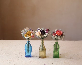 Mini Bouquet in Vintage Wheaton Glass Colorful Bottles, Tiny Dried Flowers, Cottagecore Gifts under 20, Boutonniere Style Wildflowers