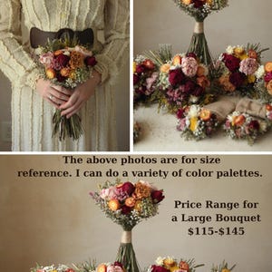 Large Dried Flower Bridal  Bouquet. Sustainably grown and organic dried flowers. Custom bridesmaid bouquets in a wide variety of seasonal colors. Price range $115-$145. Contact shop to set up a custom order.