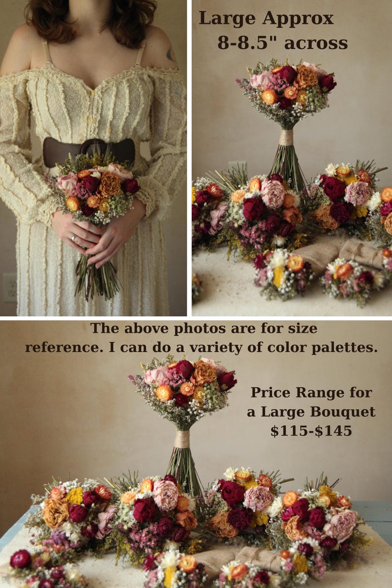 Large Dried Flower Bridal  Bouquet. Sustainably grown and organic dried flowers. Custom bridesmaid bouquets in a wide variety of seasonal colors. Price range $115-$145. Contact shop to set up a custom order.
