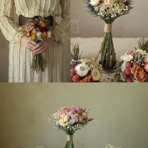 Medium Sized Dried Flower Bouquet. Popular bridesmaid size. Price range $74-$86. Custom dried wildflower bouquets, variety of color palettes available. Customized bridal and bridesmaid bouquets. Wildflower wedding and table decor. Sustainably and organically grown, naturally preserved dried florals.