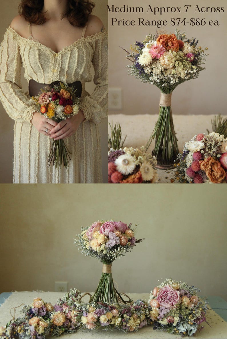 Medium Sized Dried Flower Bouquet. Popular bridesmaid size. Price range $74-$86. Custom dried wildflower bouquets, variety of color palettes available. Customized bridal and bridesmaid bouquets. Wildflower wedding and table decor. Sustainably and organically grown, naturally preserved dried florals.