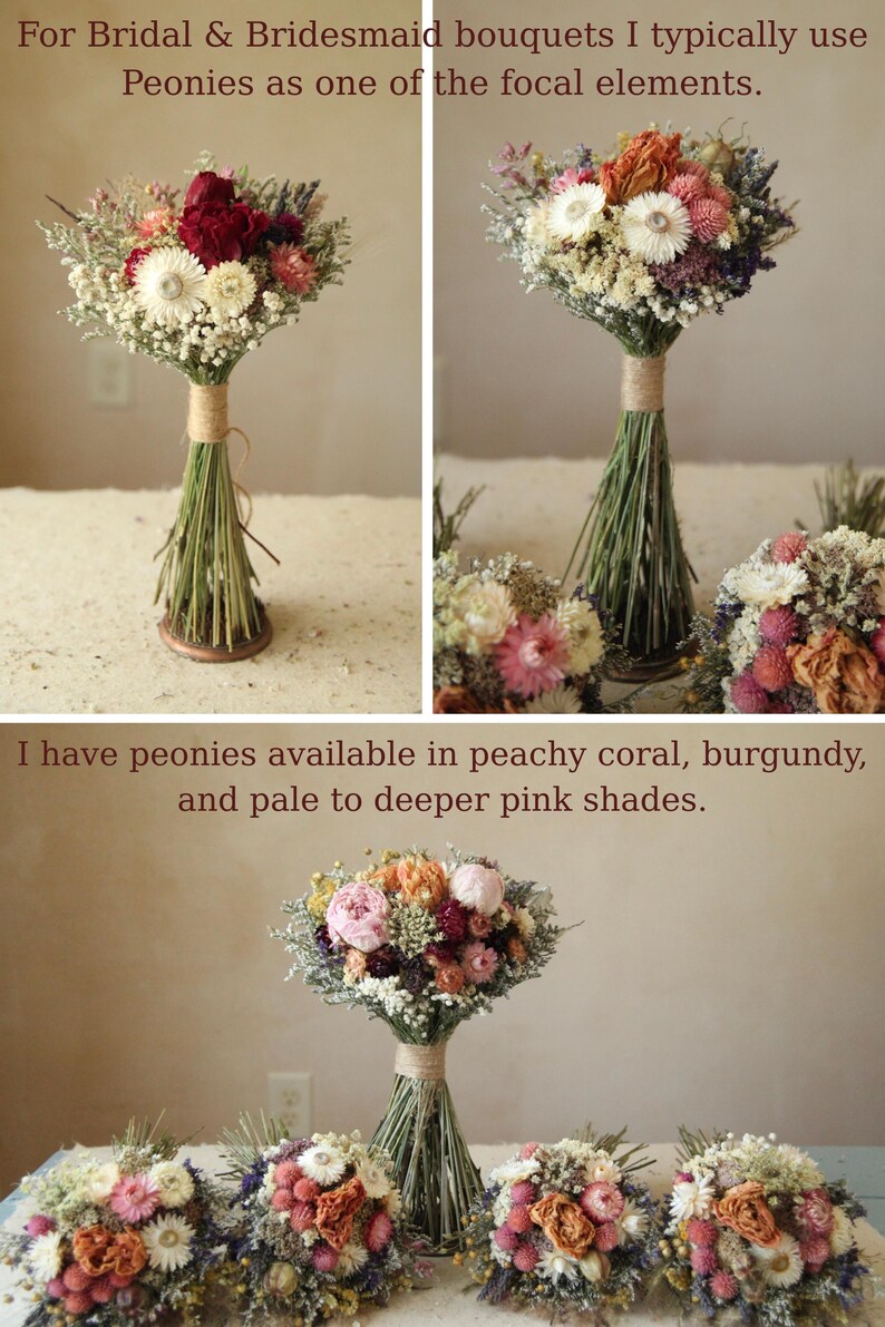 Custom bridal bouquet include peonies. Dried peonies available in peach, pink and burgundy.
