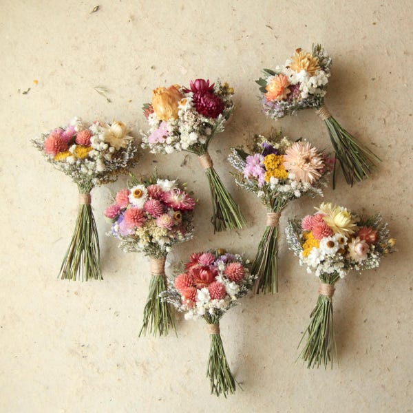 Könnte beinhalten: Eine Ansammlung von sieben kleinen Trockenblumensträußen, die jeweils eine Mischung aus rosa, gelben, orangefarbenen und dunkelroten Blüten mit weißem Schleierkraut enthalten und mit Bindfaden um die Stiele zu einer kompakten Form gebunden sind.