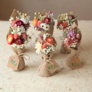 Mini Dried Flower Bouquets Wrapped In Burlap, Bridesmaid Proposal, Wildflower Party Favors