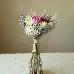 This photo features variation G of the listing, with  a pink peony, daisies, strawflowers and wildflowers. Naturally air dried bridesmaid, bridal and home decor. Biodiverse and organically grown flowers.