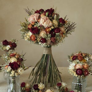 Custom XL bridal in romantic fall tones of blush, peach and burgundy. Dried flower wedding bouquet. Seasonal dried florals