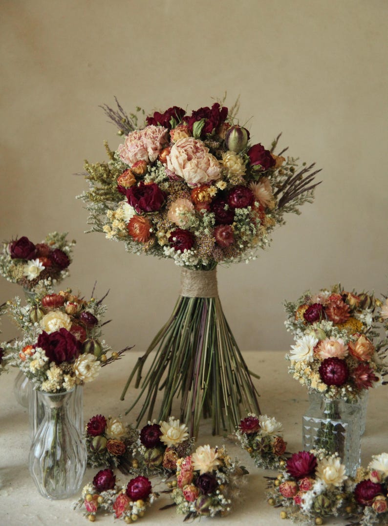 Custom XL bridal in romantic fall tones of blush, peach and burgundy. Dried flower wedding bouquet. Seasonal dried florals