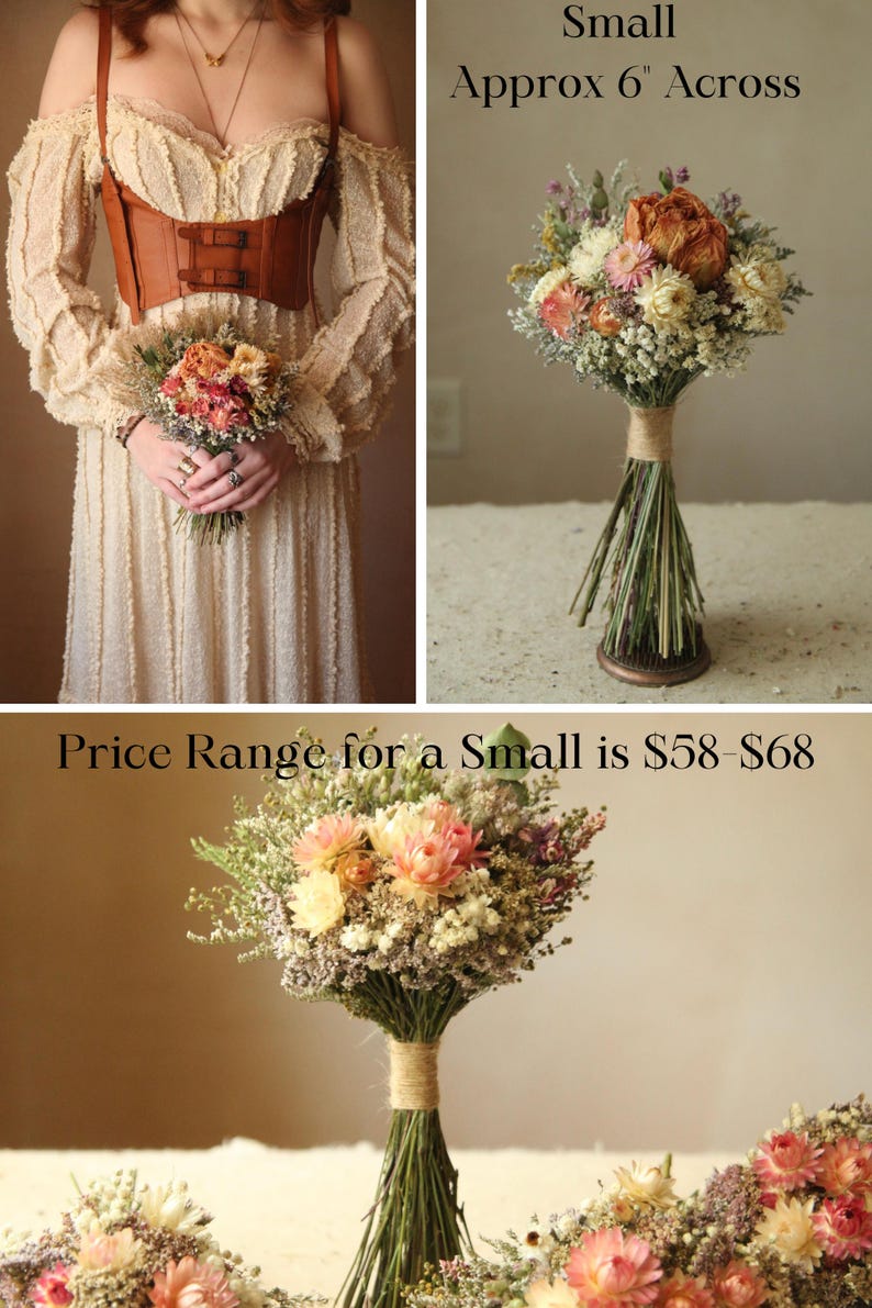 Dried Wildflower Bouquet size small. Price range $58-$68. This is a popular bridesmaid size. Various color palettes available from pastel to jewel toned hues. Summer palettes and fall color palettes. Winter, Spring, Summer and Fall Weddings. Customized Bridal Flowers.