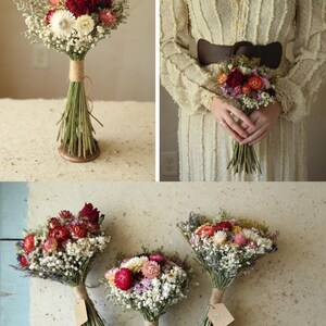 Petite Full Bouquet, this is the smallest ceremonial bouquet size that I have available. Price ranges from $40 to $48 for a bouquet. Good size for flower girls. Customized color palette. Includes dried Peonies, strawflowers, yarrow, ammobium, and sustainably grown dried wildflowers.