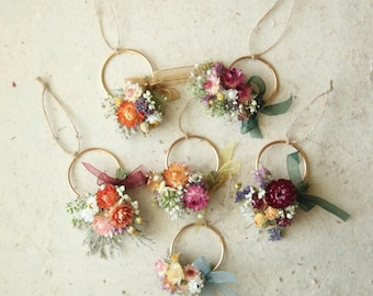 Mini Wreath Floral Ornaments, Holiday & Bridesmaid Proposal Hanging Brass Hoops
