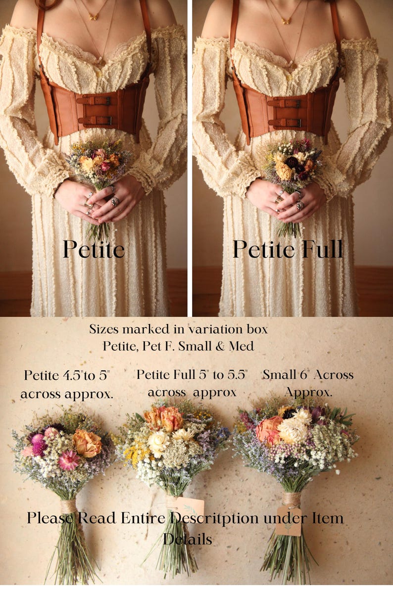 Dried flower bouquet size guide featuring three dried flower bouquets, one labeled 'Petite 4.5 to 5' across approx', one labeled 'Petite Full 5 to 5.5' across approx', and one labeled 'Small 6 Across Approx'. This is a visual guide explaining the bouquet sizes for total size clarity.