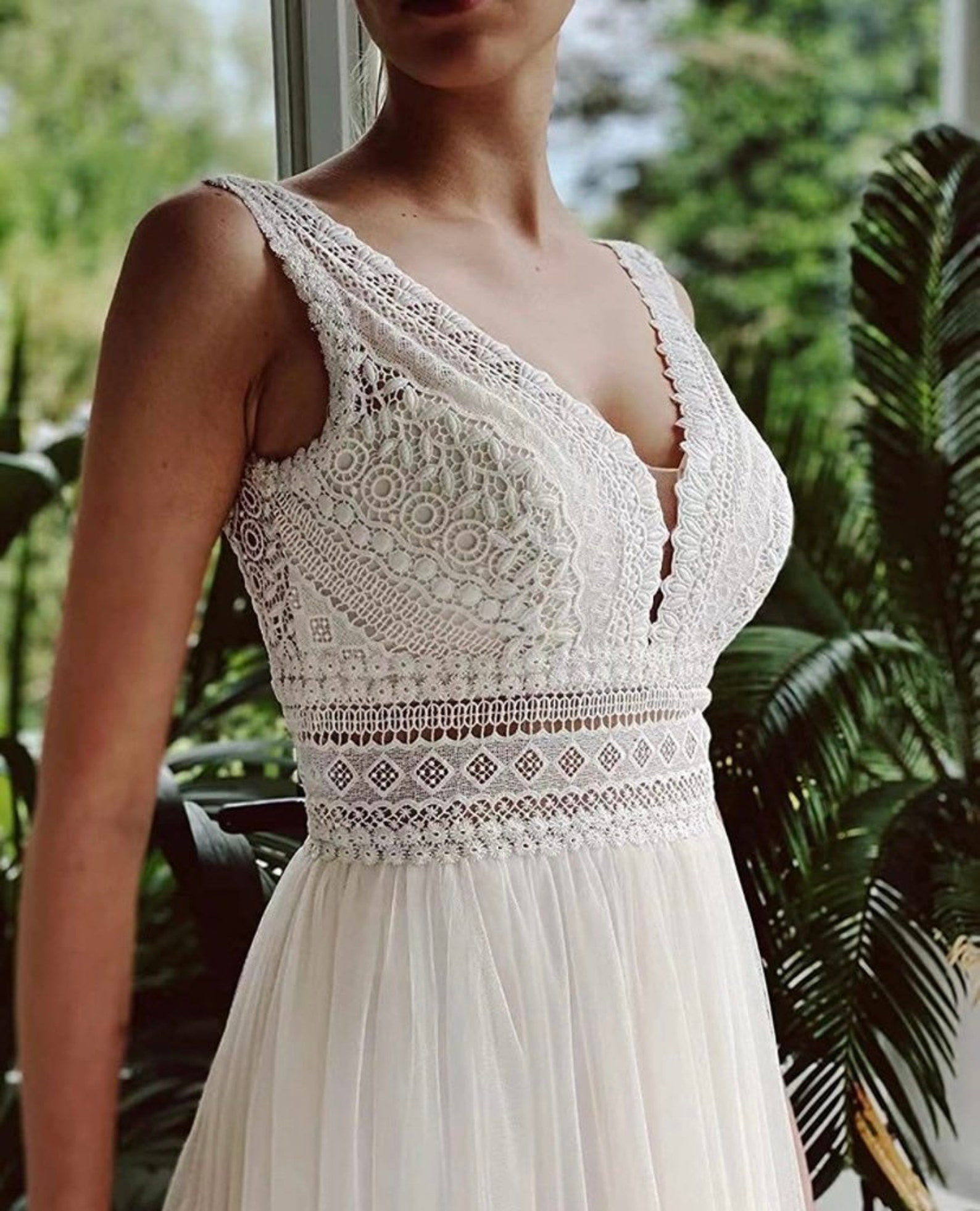 Bohemian Lace Wedding Dress White Crochet Dress V Neck - Etsy