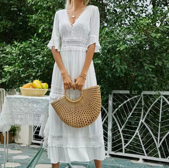 white lace dress, boho maxi dress 