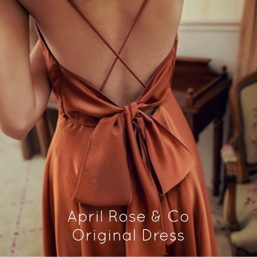 Cocktail dress, boho dress, Satin dress, long maxi dress, summer dress, open back dress,bridesmaid dress, Burnt orange, rust, vintage dress