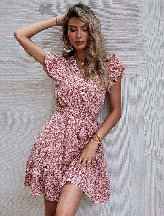 Floral Print Dress Pink Flower Dress Pink Floral Summer Mini - Etsy