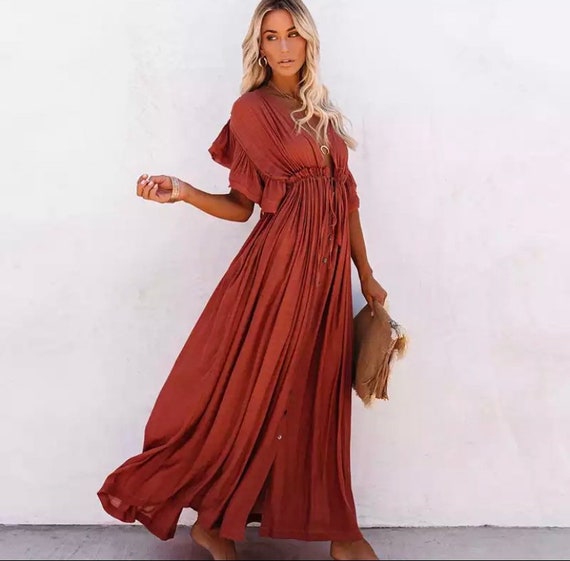 Boho linen dress bohemian maxi dress rust linen dress | Etsy