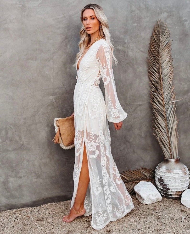 Boho lace dress, boho white dress, maternity dress, lace wedding dress, rustic wedding, lace maxi dress,white lace dress, long sleeve dress 