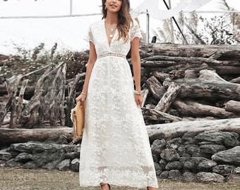 bohemian white lace maxi dress