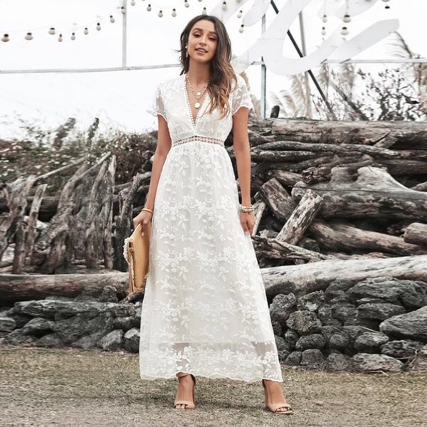 Boho lace dress, boho white dress, floral lace dress, rustic wedding dress, lace maxi dress, white lace dress, short sleeve dress formal