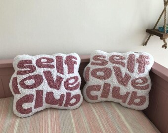 Tufted Self Love Club Pillow, Throw Pillow Case, Punch Needle Self Love Pillow Cover
