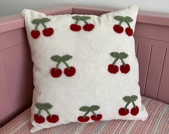 Punch Needle Cherry Pillow Case, Tufted Punch Needle Cherry Pillow Cover, Throw Cherry Pillow, Gift for Girls