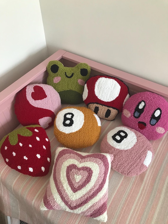 Tufted Pillows, Punch Needle Pillows, Cute Pillows, Aesthetic Pillow, Tufted Strawberry Pillow, Frog Pillow, 8 Ball Pillow, Gift For Girls