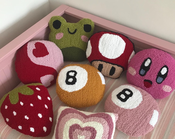 Tufted Pillows, Punch Needle Pillows, Cute Pillows, Aesthetic Pillow, Tufted Strawberry Pillow, Frog Pillow, Gift For Girls