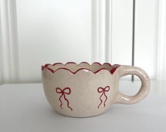 Handmade Ceramic Mug, Coquette Ceramic Mug, Handmade Ribbon Ceramic Mug, Ceramic Drink Cup, Cute Ceramic Mug
