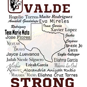 May include: A brown and white image of the state of Texas with the word "VALDE" in large brown letters at the top. The names of many people are listed in a brown font throughout the image. The word "STRONG" is in large brown letters at the bottom of the image.