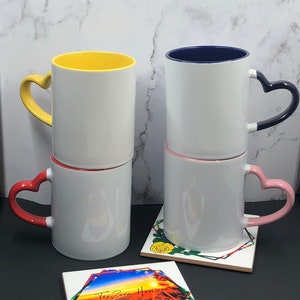 MR.R 11oz Set of 6 Sublimation Blank Coffee Mugs,Cup Blank White Mug Cup with Yellow Inner Color Mug and Heart Handle